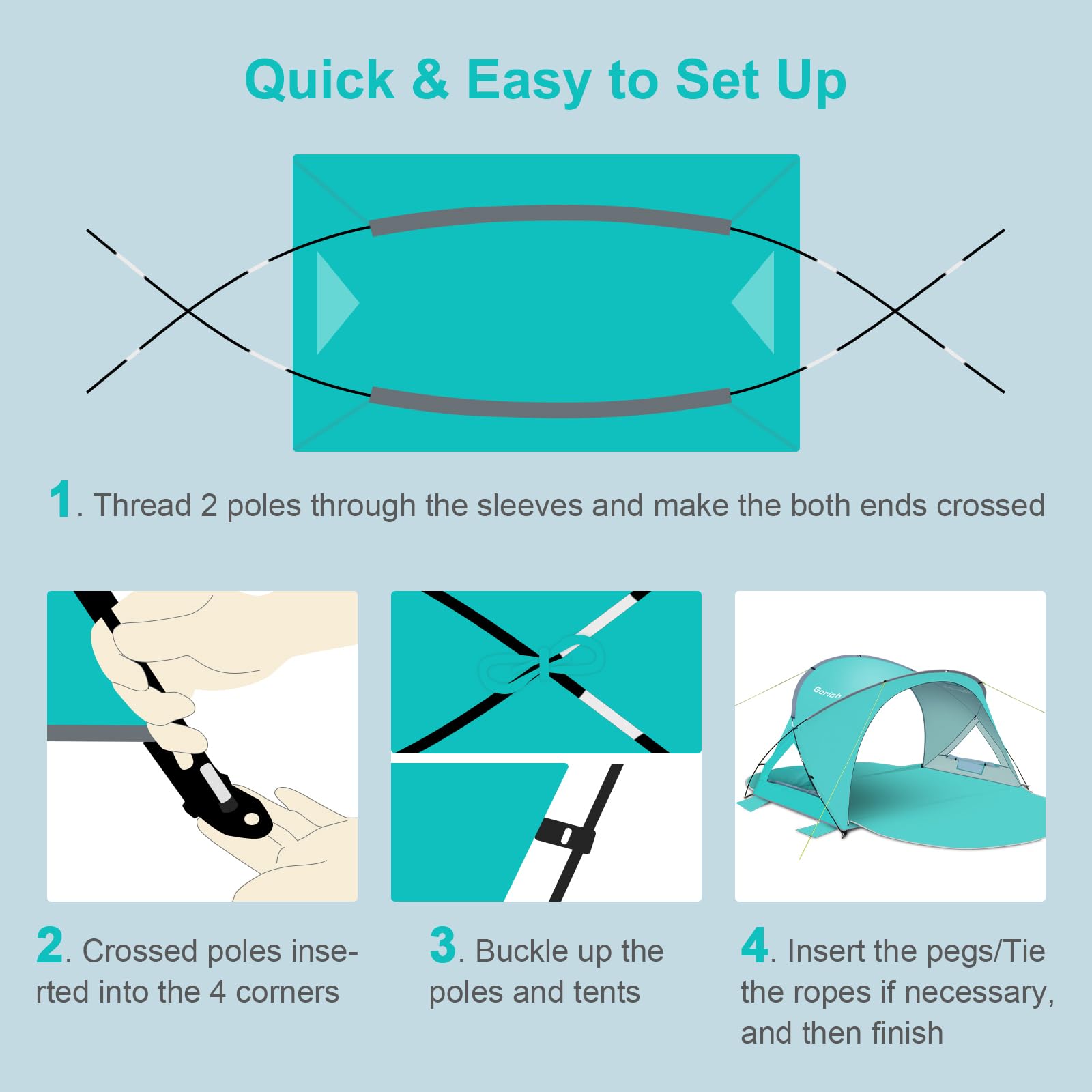 Gorich Beach Tent sturdy poles, sandbags, and stakes for wind stability