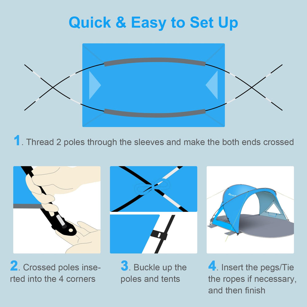 Gorich beach tent features 11mm thick poles and sandbags for stable setup