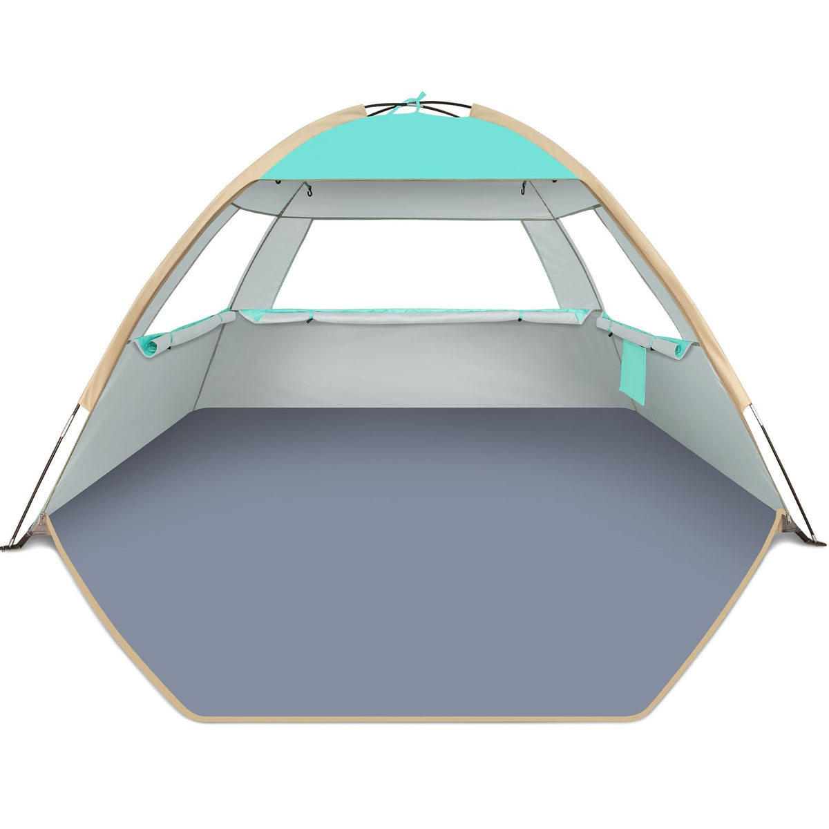 Gorich beach tent front view shows spacious shade for family at the beach