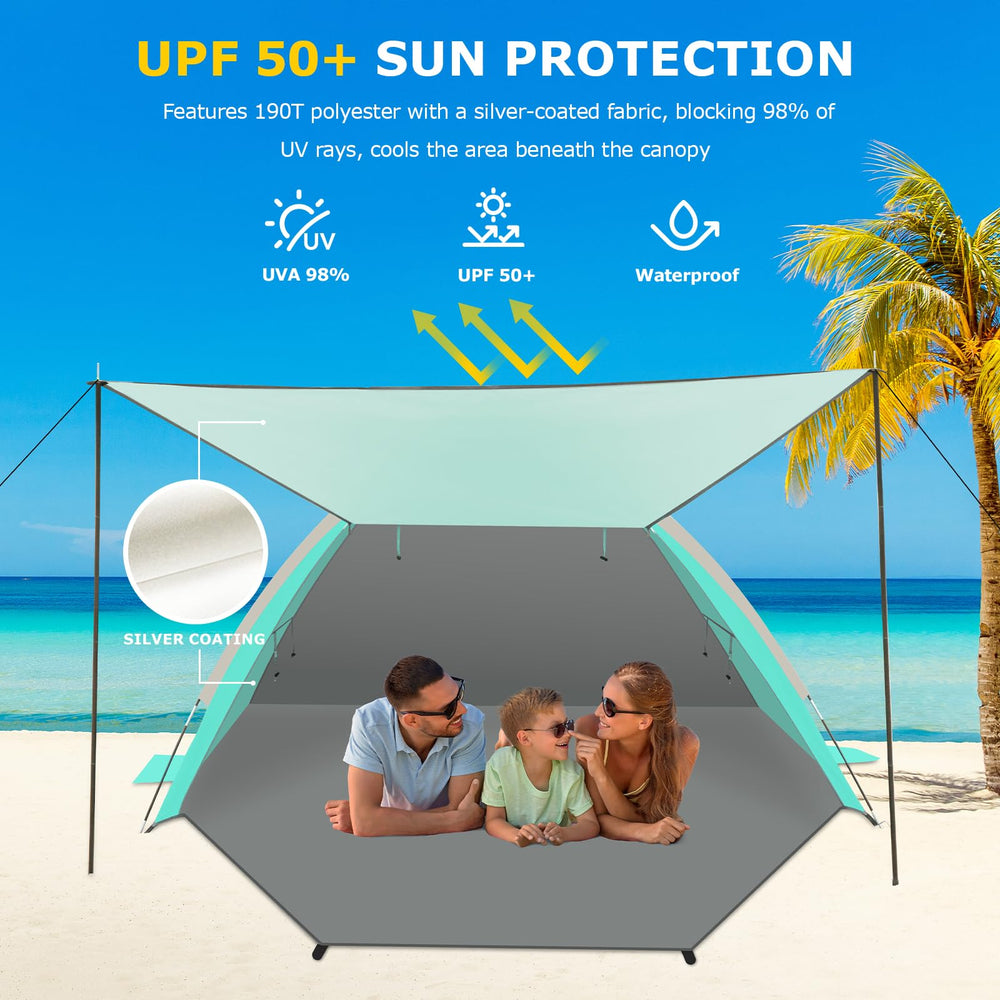 Gorich beach tent UPF50+ protection blocks harsh sun for family time.