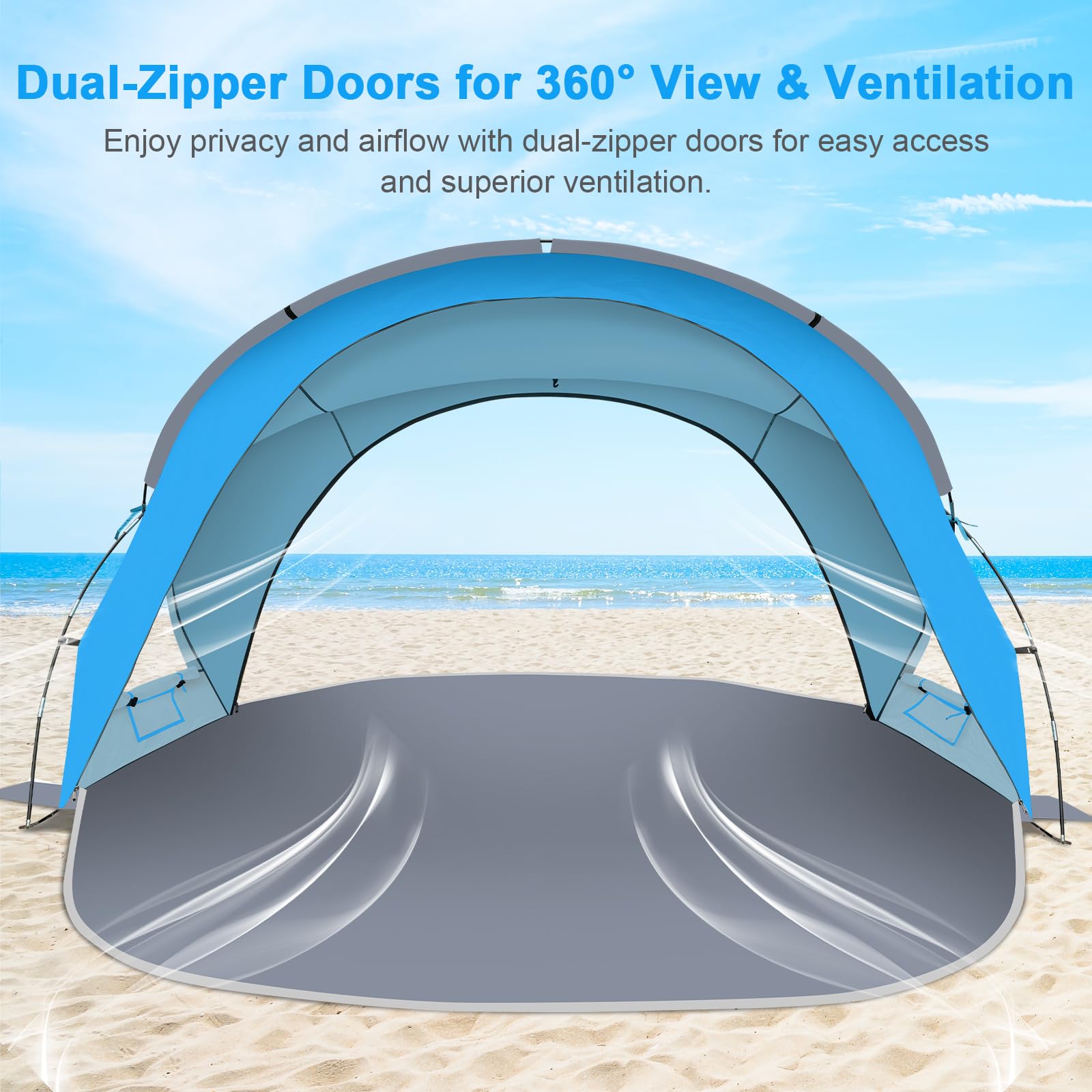 Gorich beach tent using UPF50+ silver-coated fabric to block UV rays