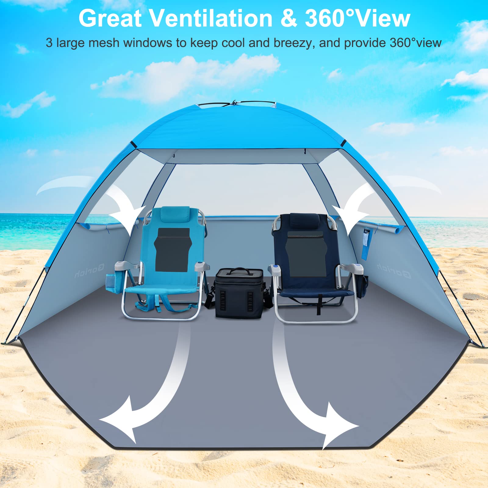 Gorich Beach Tent UV-protection fabric provides shaded comfort on sunny days.