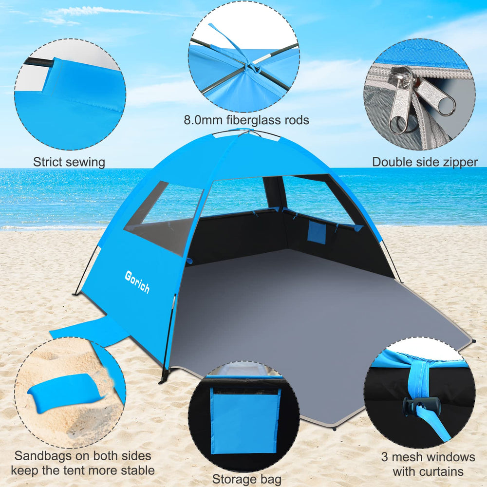 Gorich Beach Tent water-repellent fabric offers brief shelter in light rain.