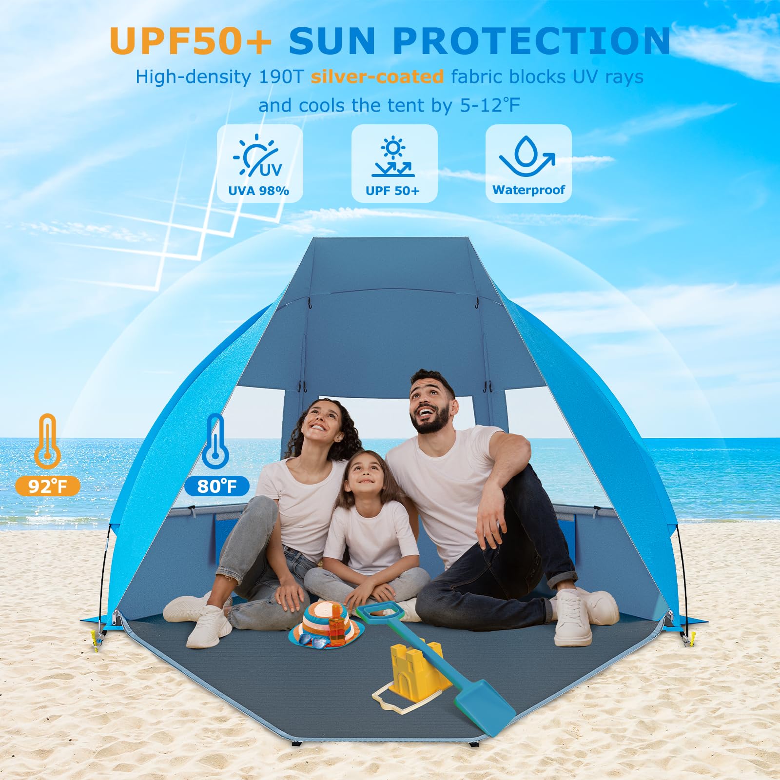 Gorich beach tent with sandbags enhances stability on windy days