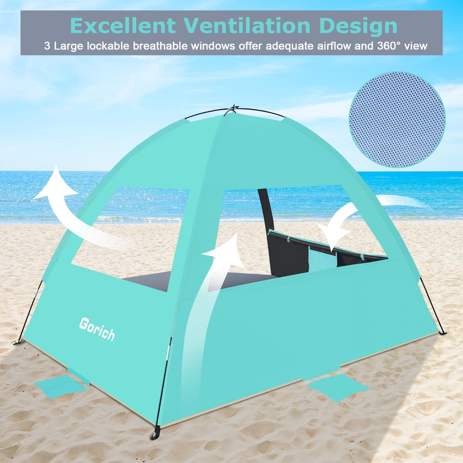 Gorich Sun Shelter portable fold design fits compactly in bags for travel.