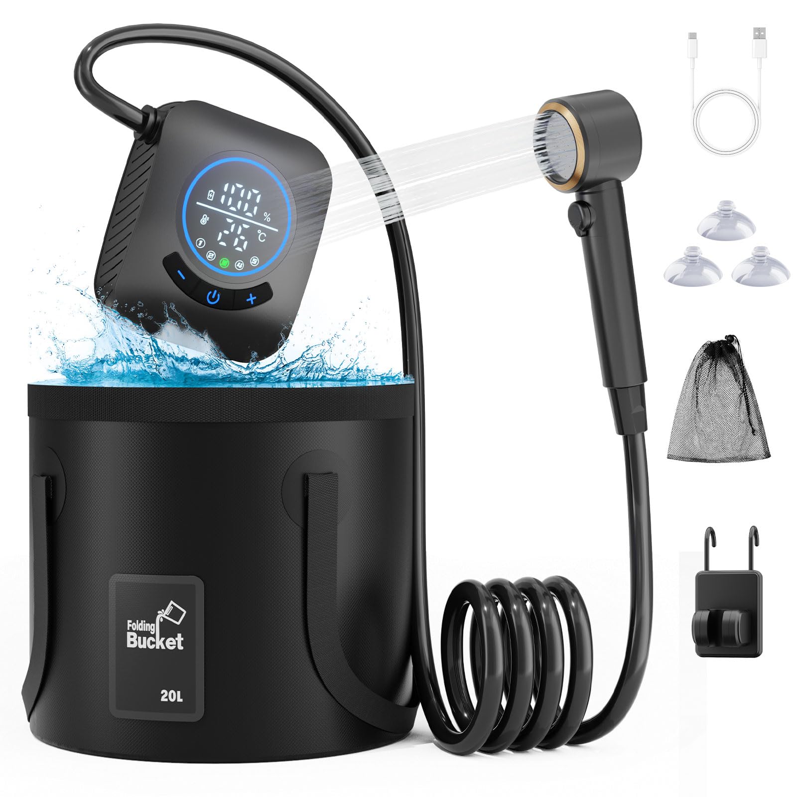 GOSCHE portable camping shower pump front view for quick outdoor rinses on trips.