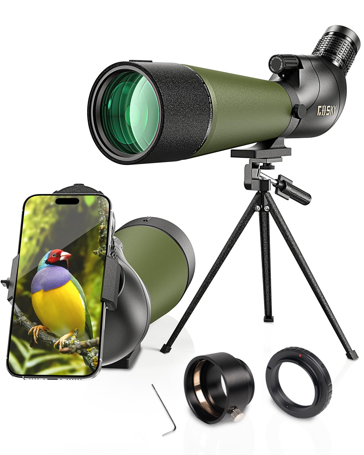 Gosky 20-60x80 spotting scope front view highlights bright distant scenery.