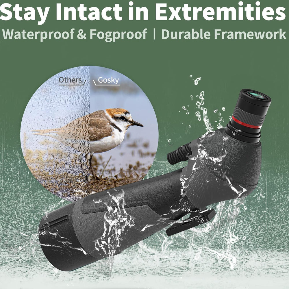 Gosky spotting scope weatherproof design withstands rain and dust during outdoor use.
