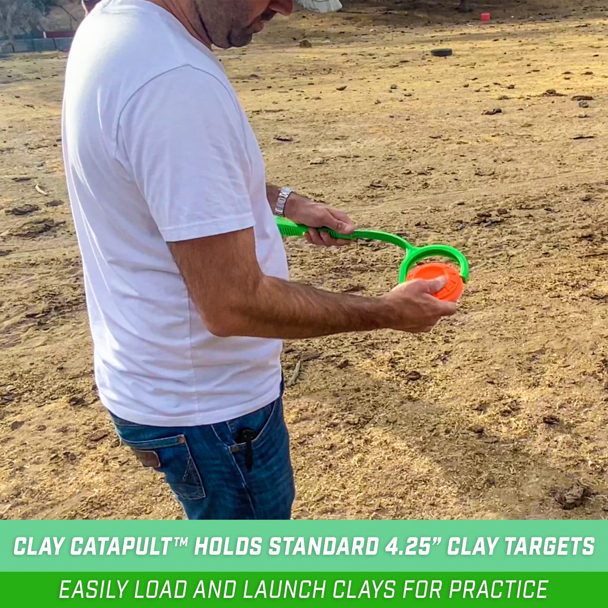 Clay targets loaded on GoSports clay catapult in side view