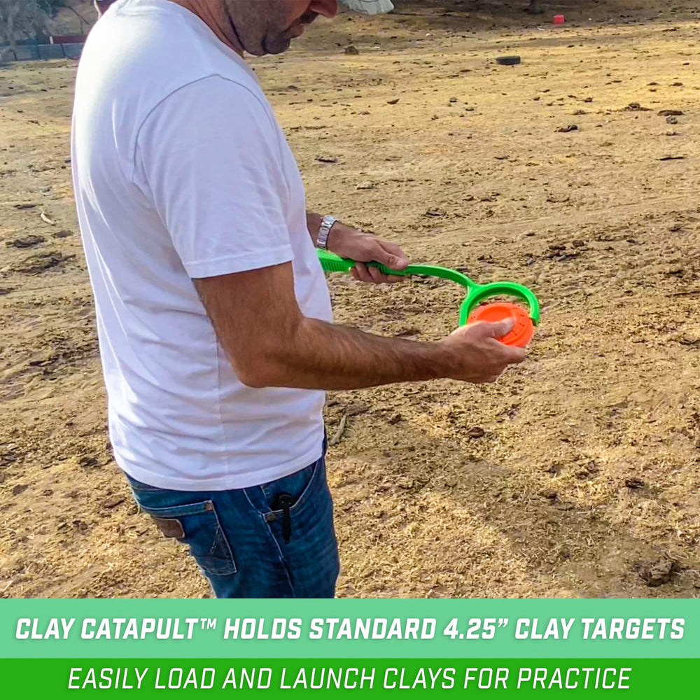 Clay targets loaded on GoSports clay catapult in side view