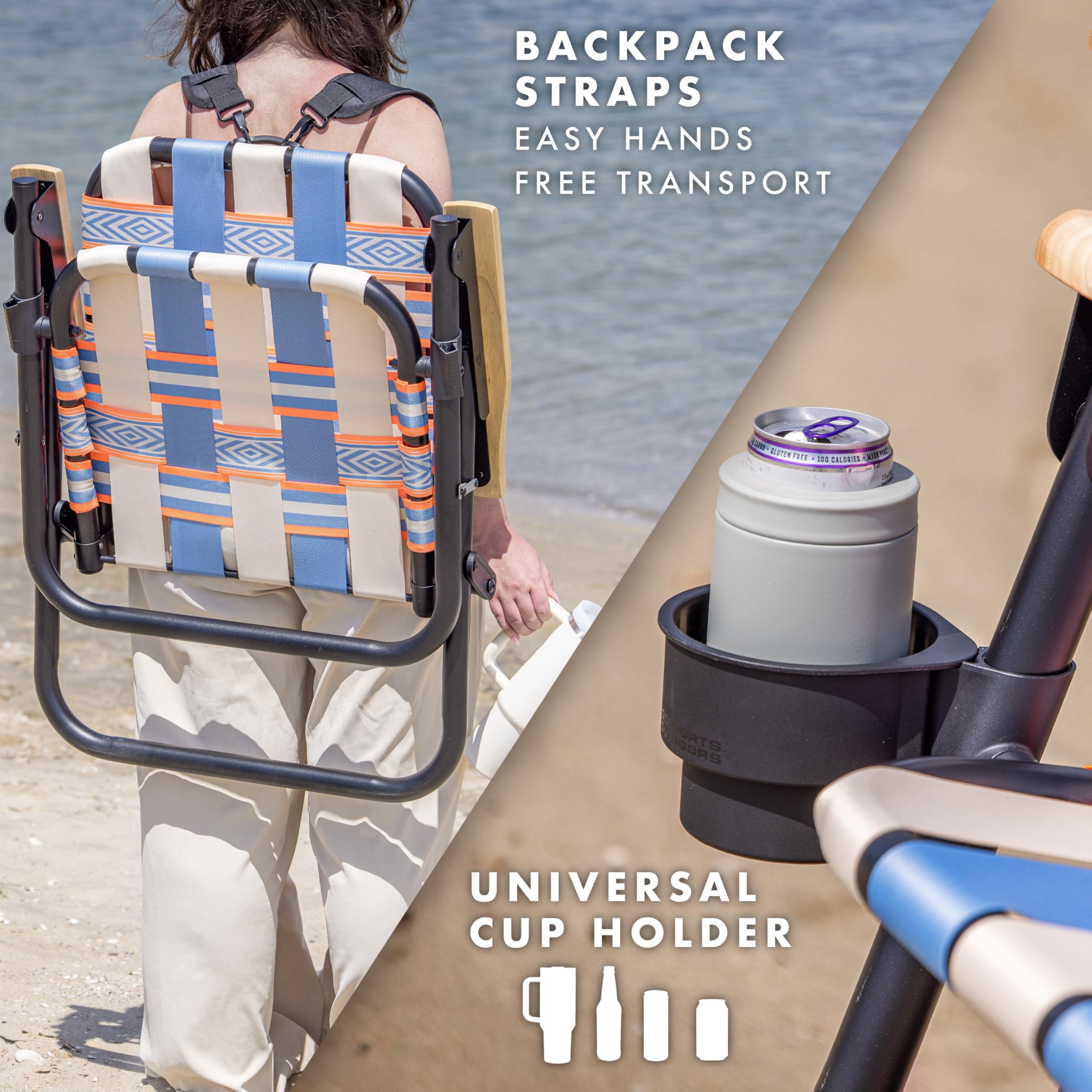 GoSports Outdoors WOVN Beach Chair shows 16-inch seat height for natural seating