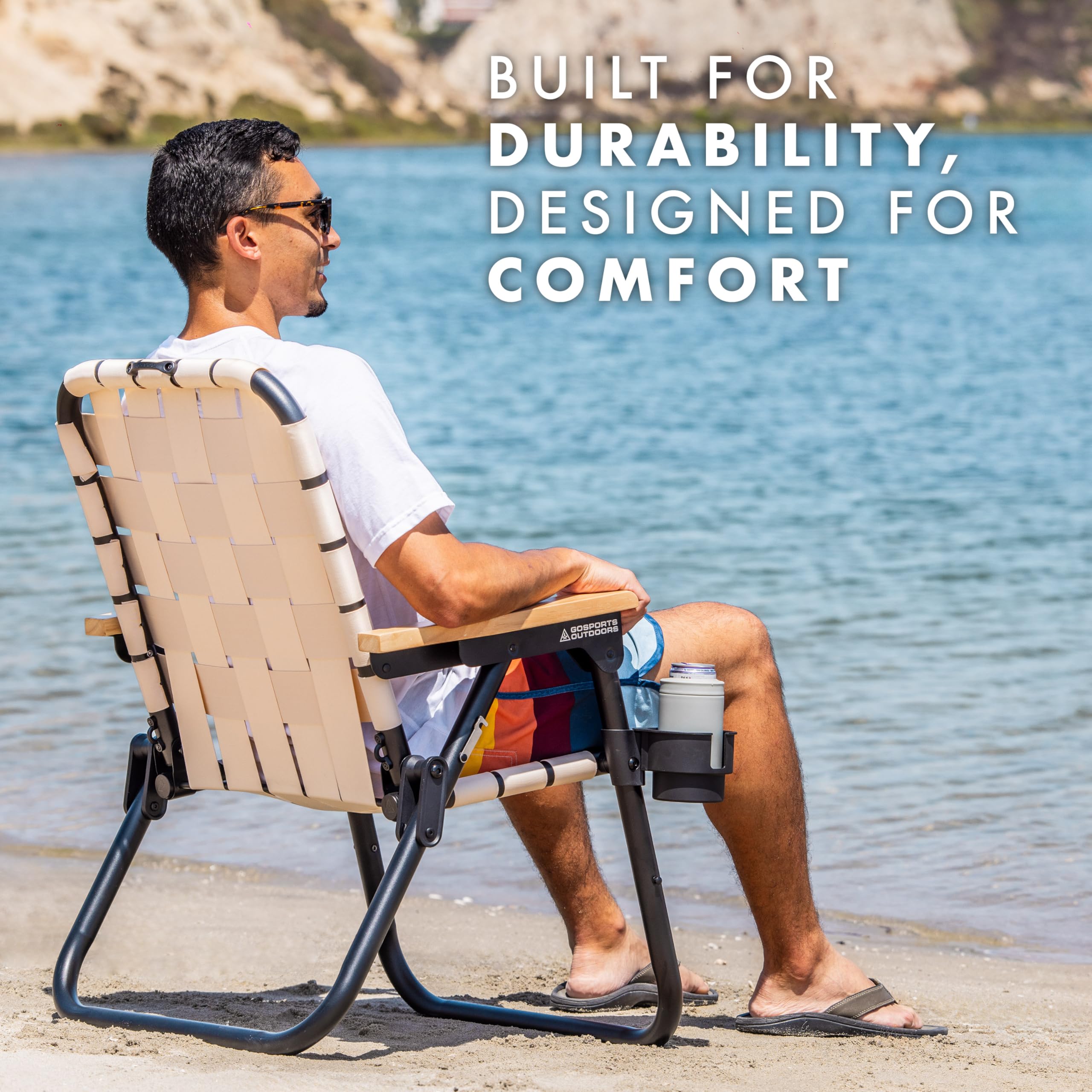GoSports Outdoors WOVN Beach Chair highlights 16-inch seat height for natural posture