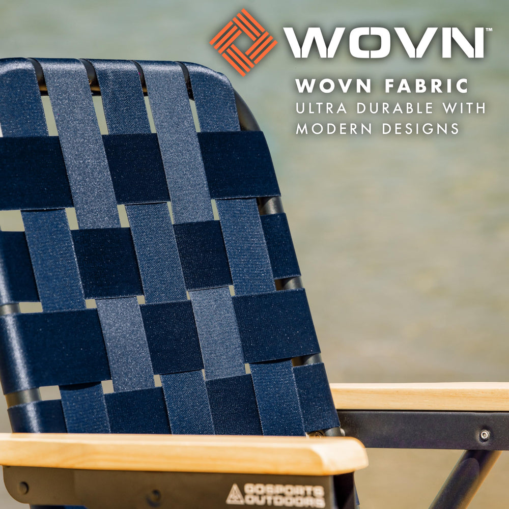 GoSports Outdoors WOVN beach chair features a 16-inch seat for natural height.