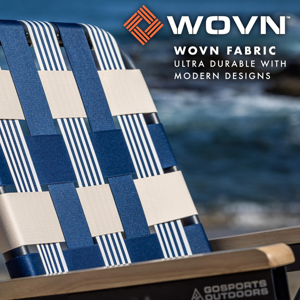 GoSports Outdoors WOVN Beach Chair showing a 16-inch seat height for easy seating