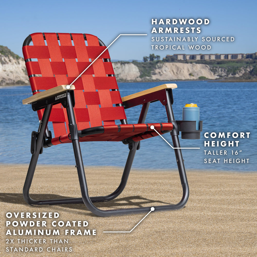 GoSports Outdoors WOVN Beach Chair aluminum frame for strength.