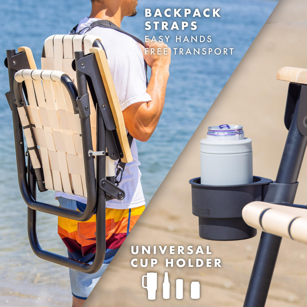 GoSports Outdoors WOVN Beach Chair showing backpack straps for hands-free carrying