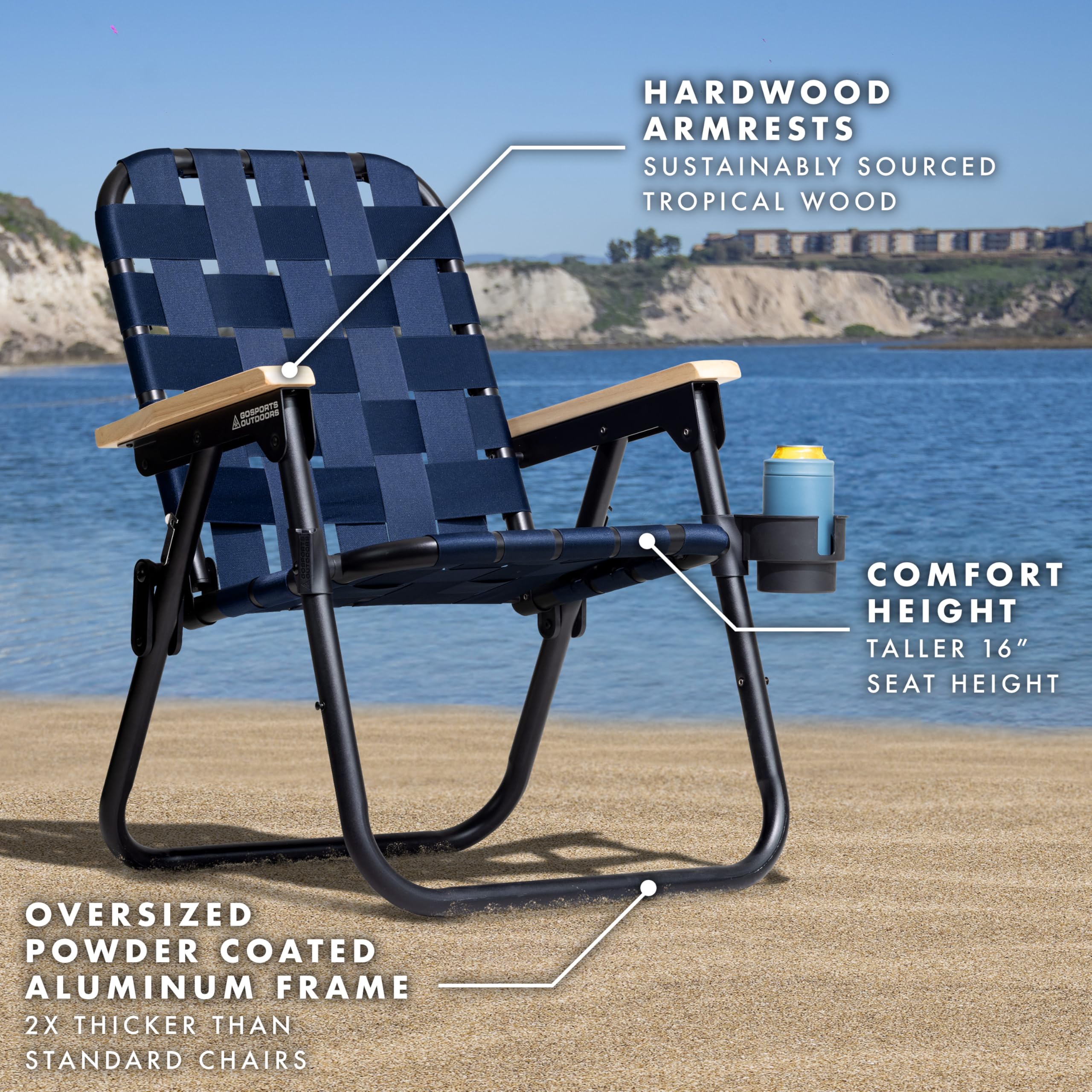 GoSports Outdoors WOVN beach chair with backpack straps for easy carry.