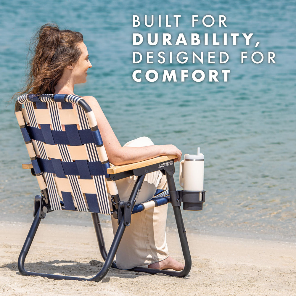 GoSports Outdoors WOVN Beach Chair displaying attachable cup holder for drinks