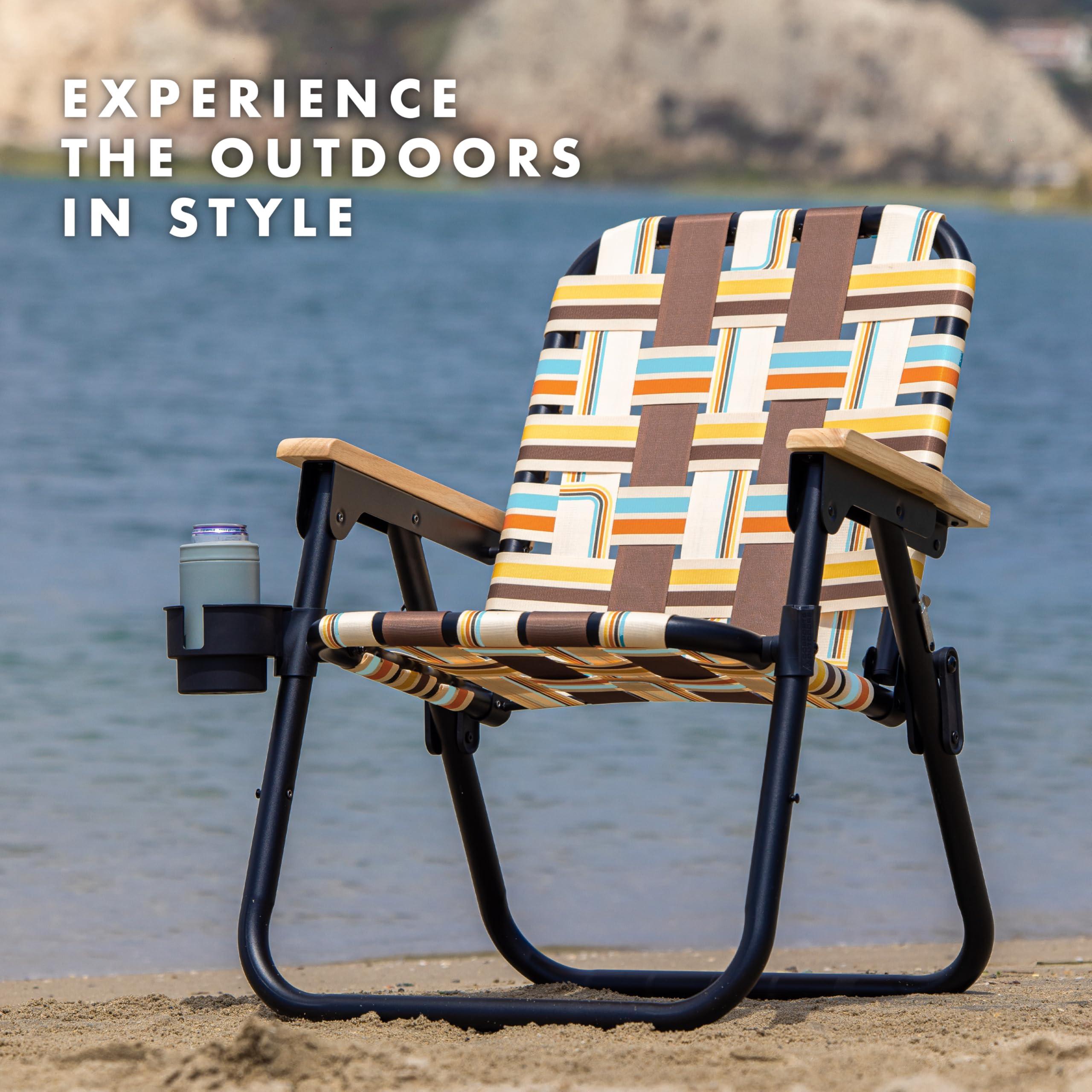 GoSports Outdoors WOVN Beach Chair cup holder for beverages.