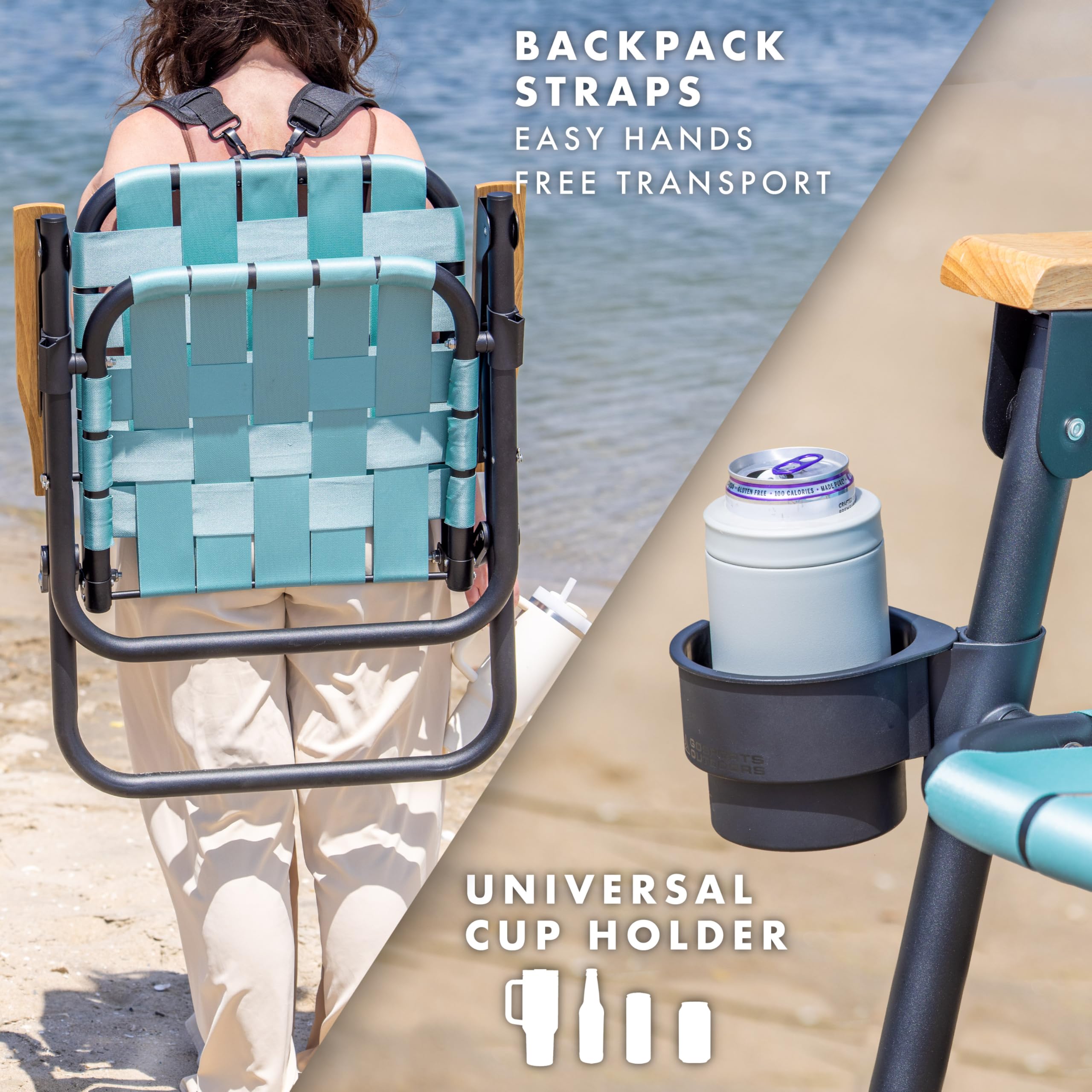 GoSports Outdoors WOVN Beach Chair with attachable cup holder for drinks on the shore.