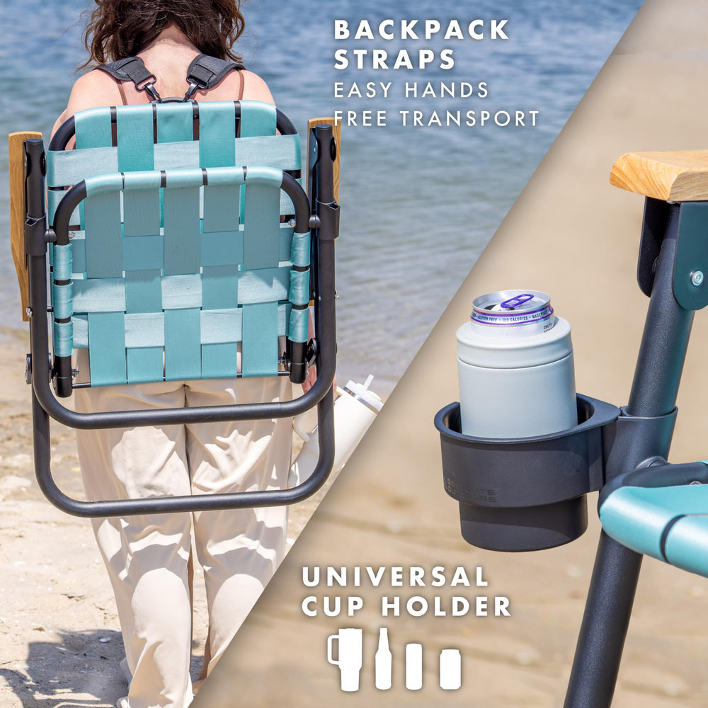 GoSports Outdoors WOVN Beach Chair with attachable cup holder for drinks on the shore.