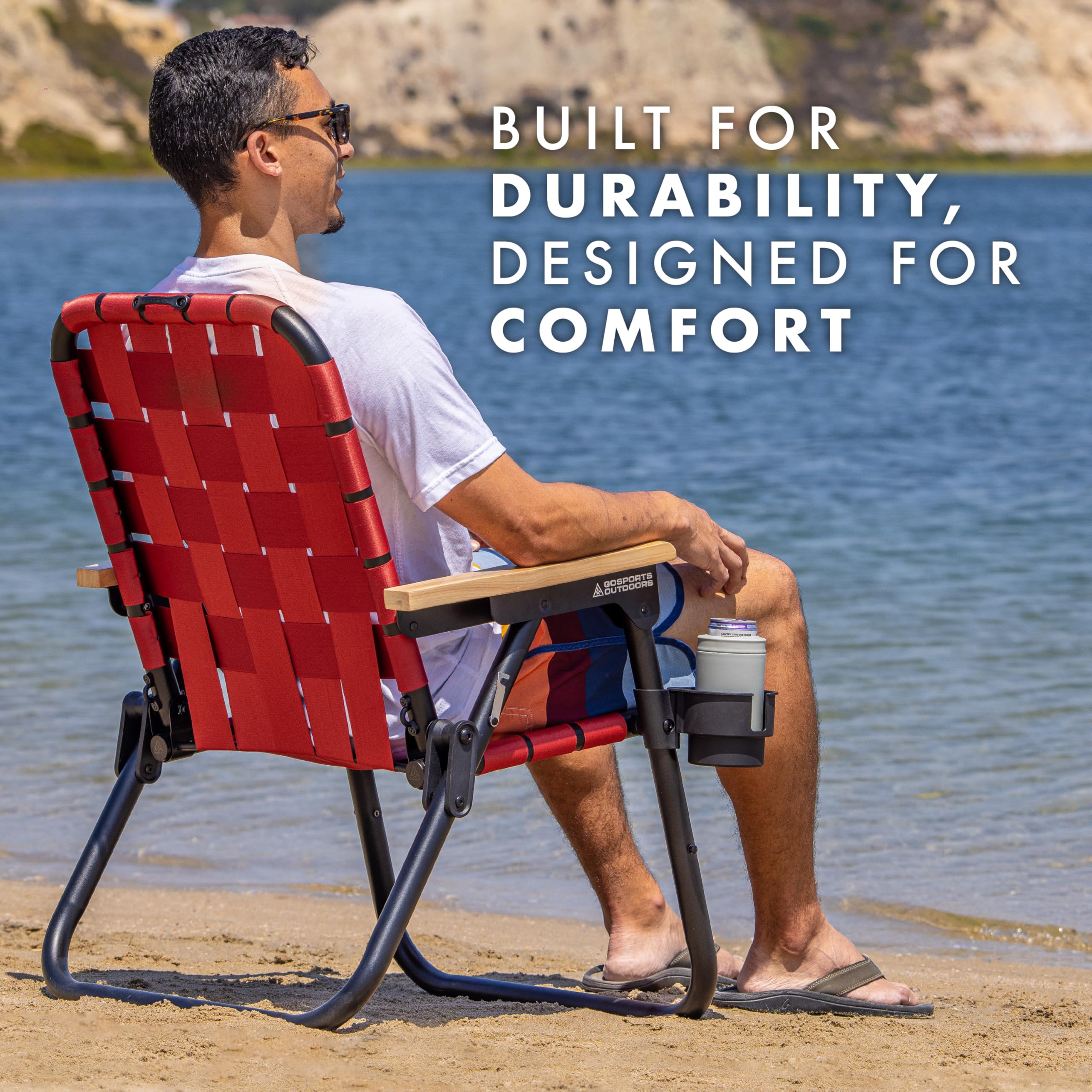 GoSports Outdoors WOVN Beach Chair cup holder for beverages.