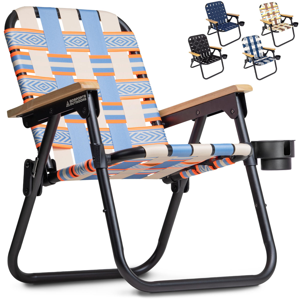 GoSports Outdoors WOVN Beach Chair folded with backpack straps for easy transport
