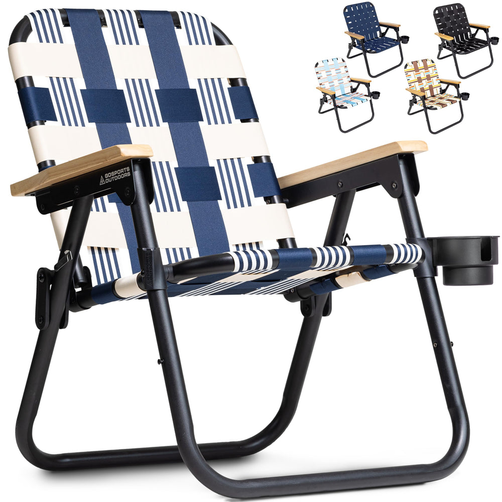 GoSports Outdoors WOVN Beach Chair folded with backpack straps for effortless portability