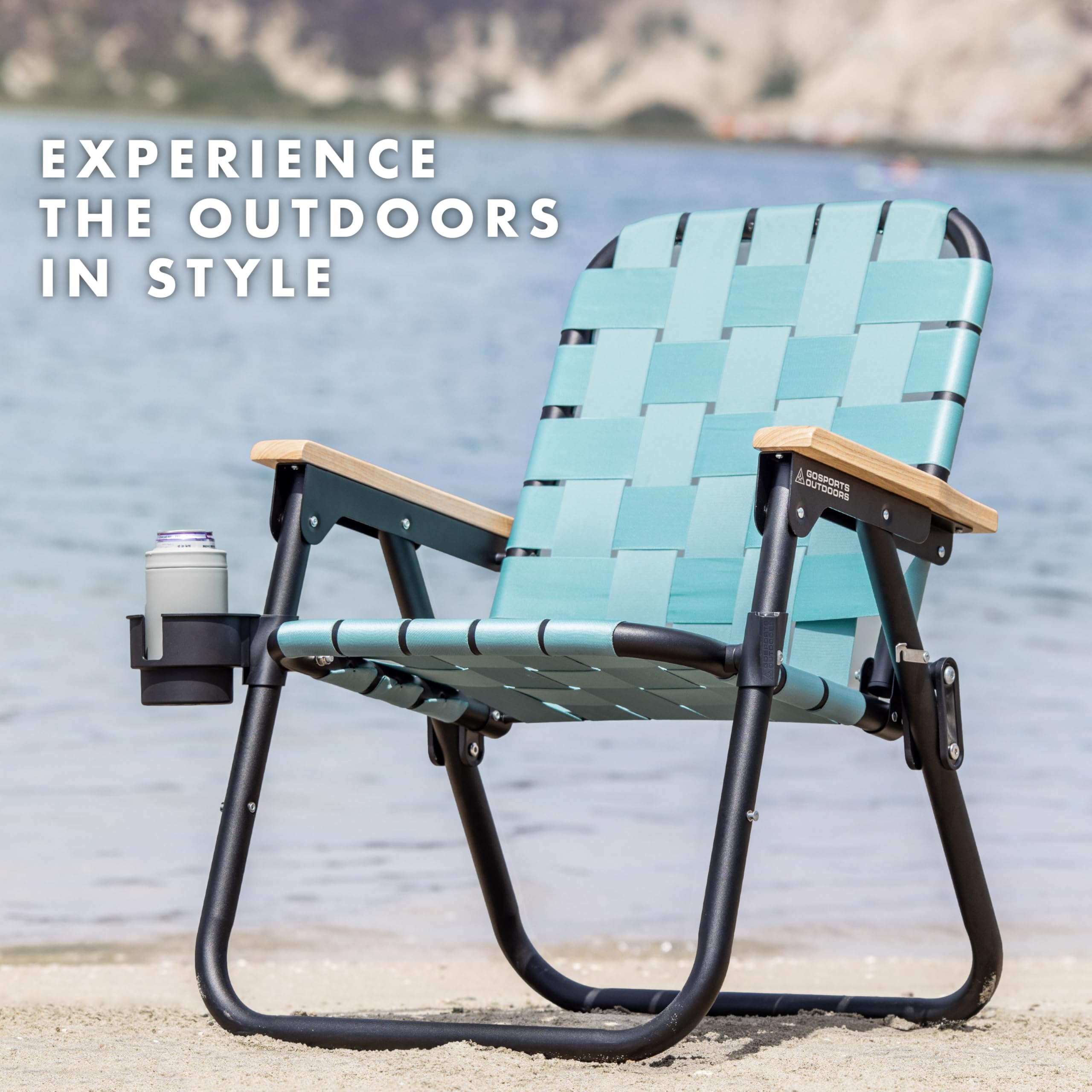 GoSports Outdoors WOVN Beach Chair hardwood armrests for premium comfort.