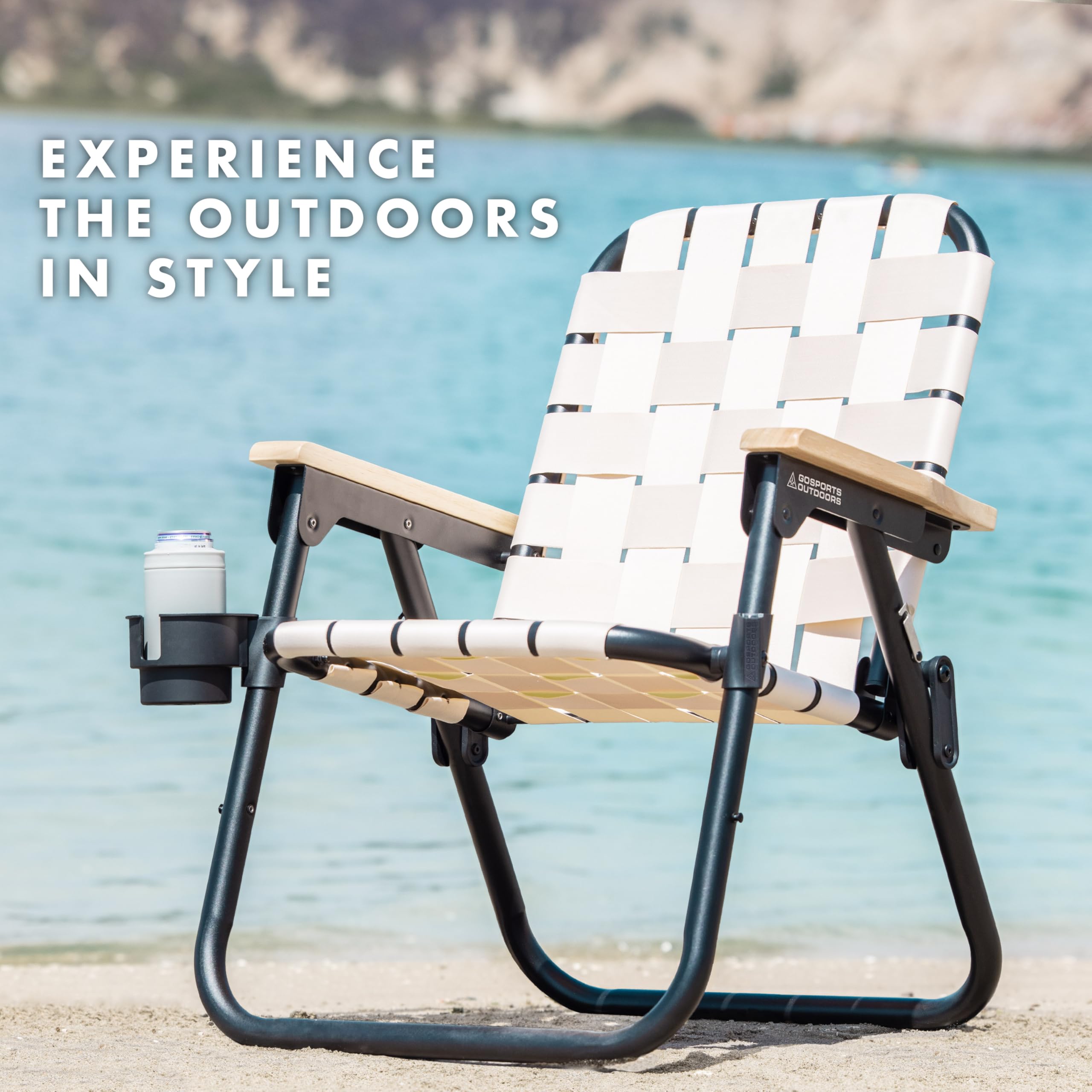 GoSports Outdoors WOVN Beach Chair features powder-coated aluminum frame