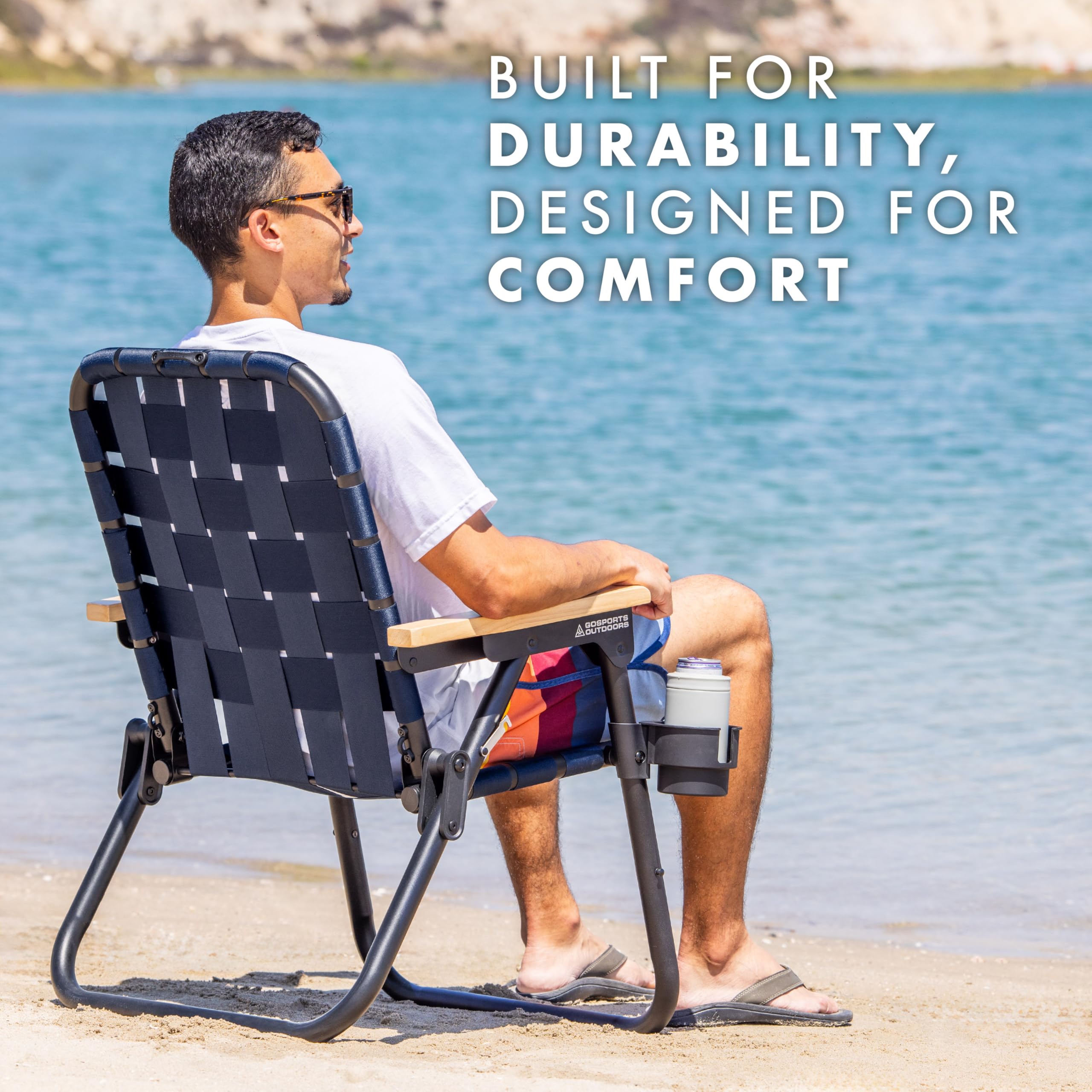 GoSports Outdoors WOVN beach chair heavy-duty aluminum frame supports up to 400 lbs.