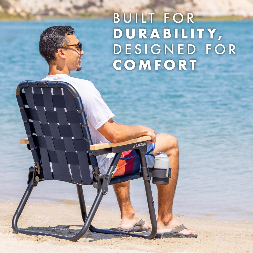 GoSports Outdoors WOVN beach chair heavy-duty aluminum frame supports up to 400 lbs.