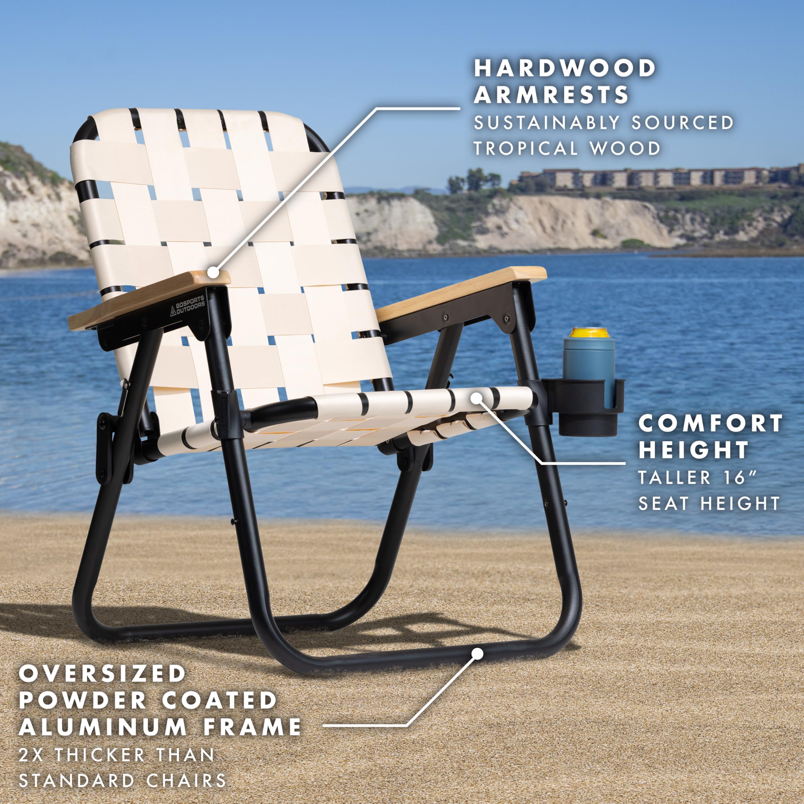 GoSports Outdoors WOVN Beach Chair in use with comfortable 16-inch seating height
