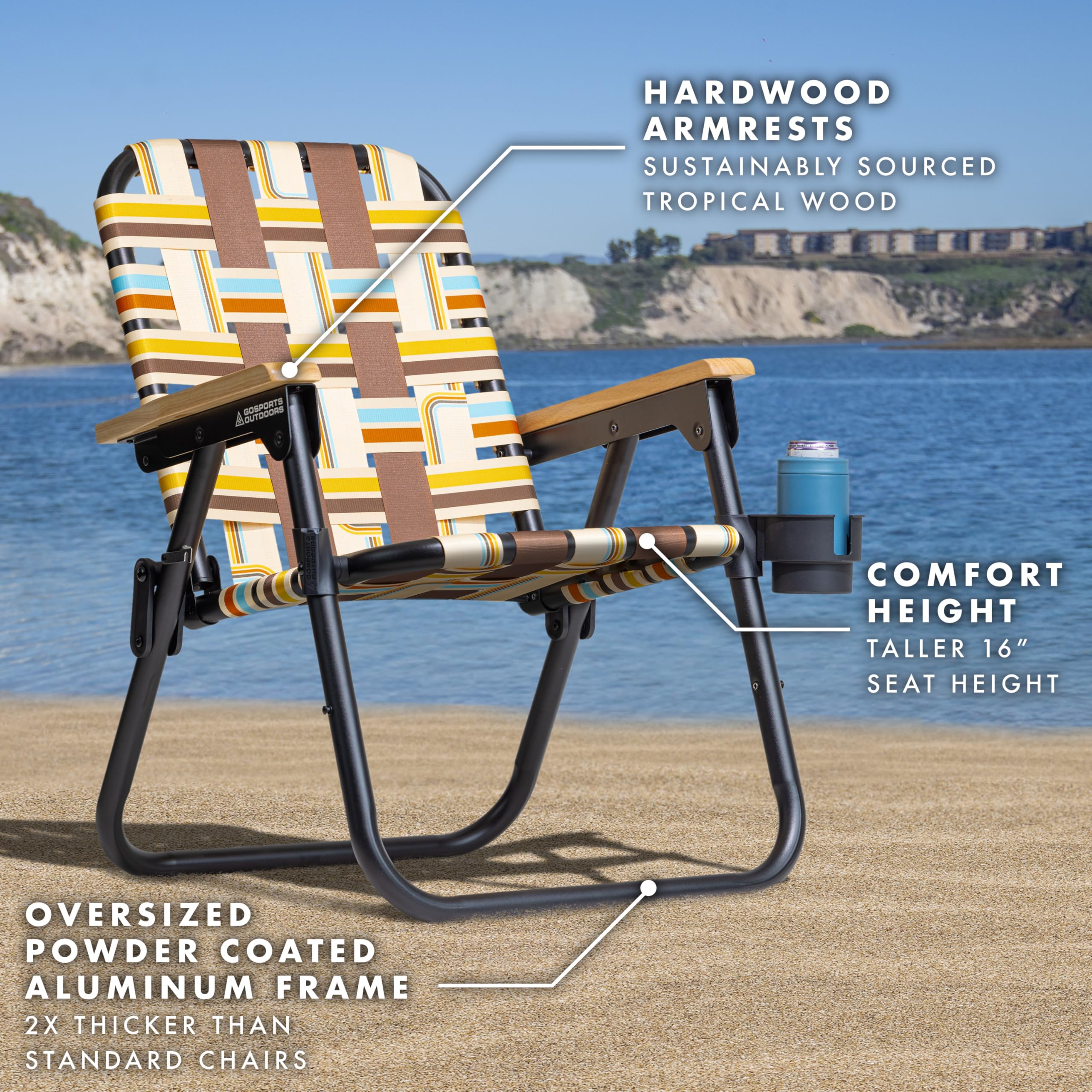 GoSports Outdoors WOVN Beach Chair open showing woven fabric and sturdy frame.