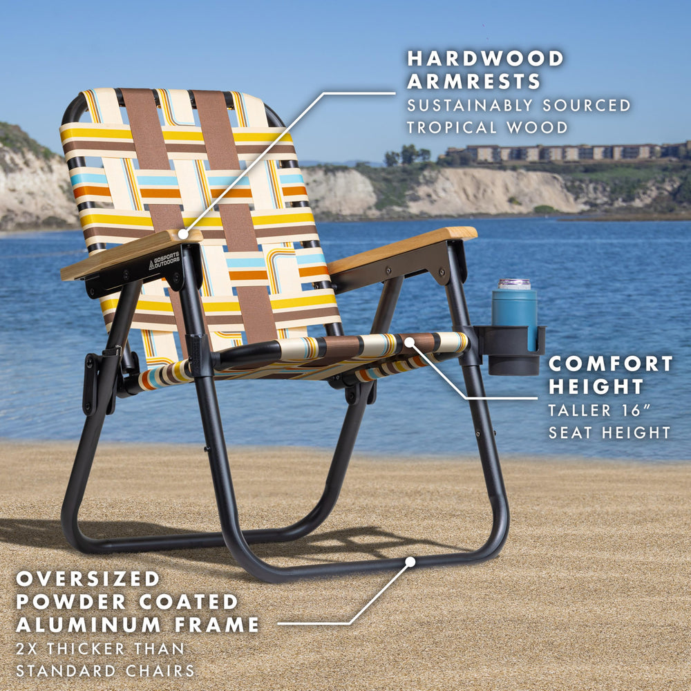 GoSports Outdoors WOVN Beach Chair open showing woven fabric and sturdy frame.