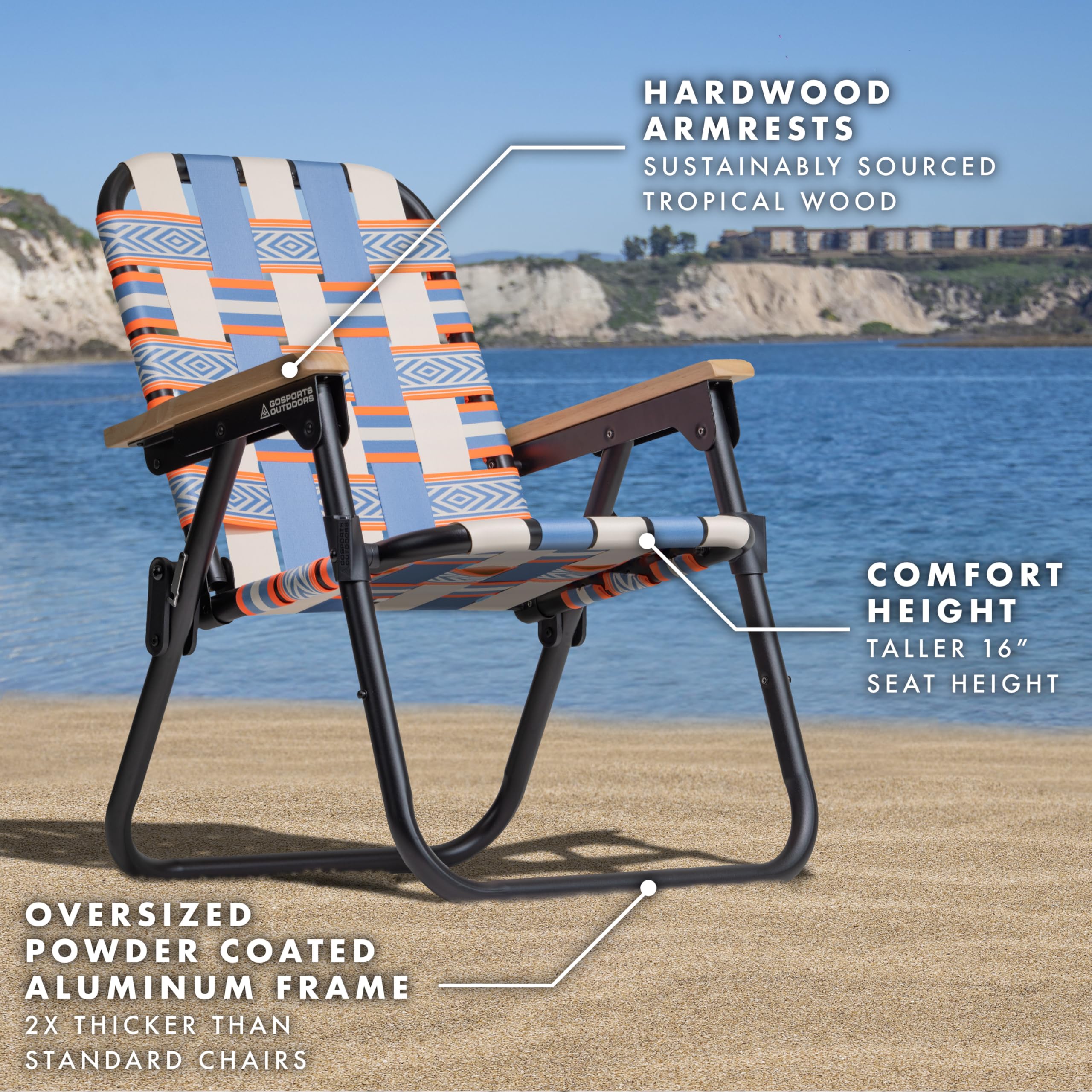GoSports Outdoors WOVN Beach Chair open with wooden armrests for premium comfort