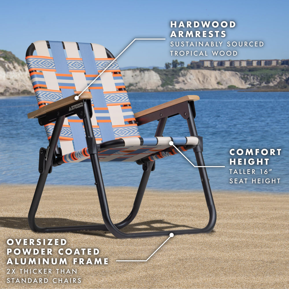 GoSports Outdoors WOVN Beach Chair open with wooden armrests for premium comfort