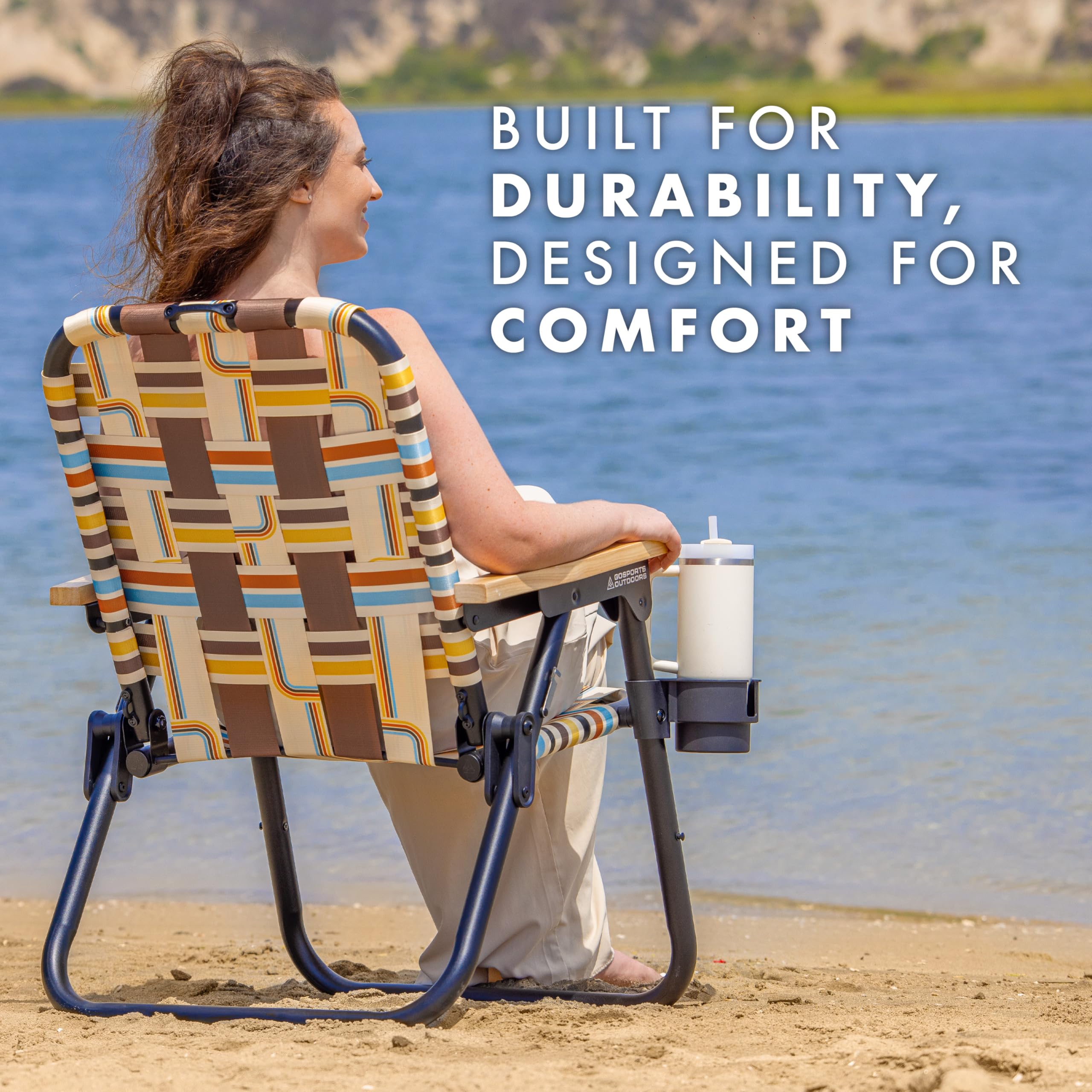 GoSports Outdoors WOVN Beach Chair powder-coated frame for durability.