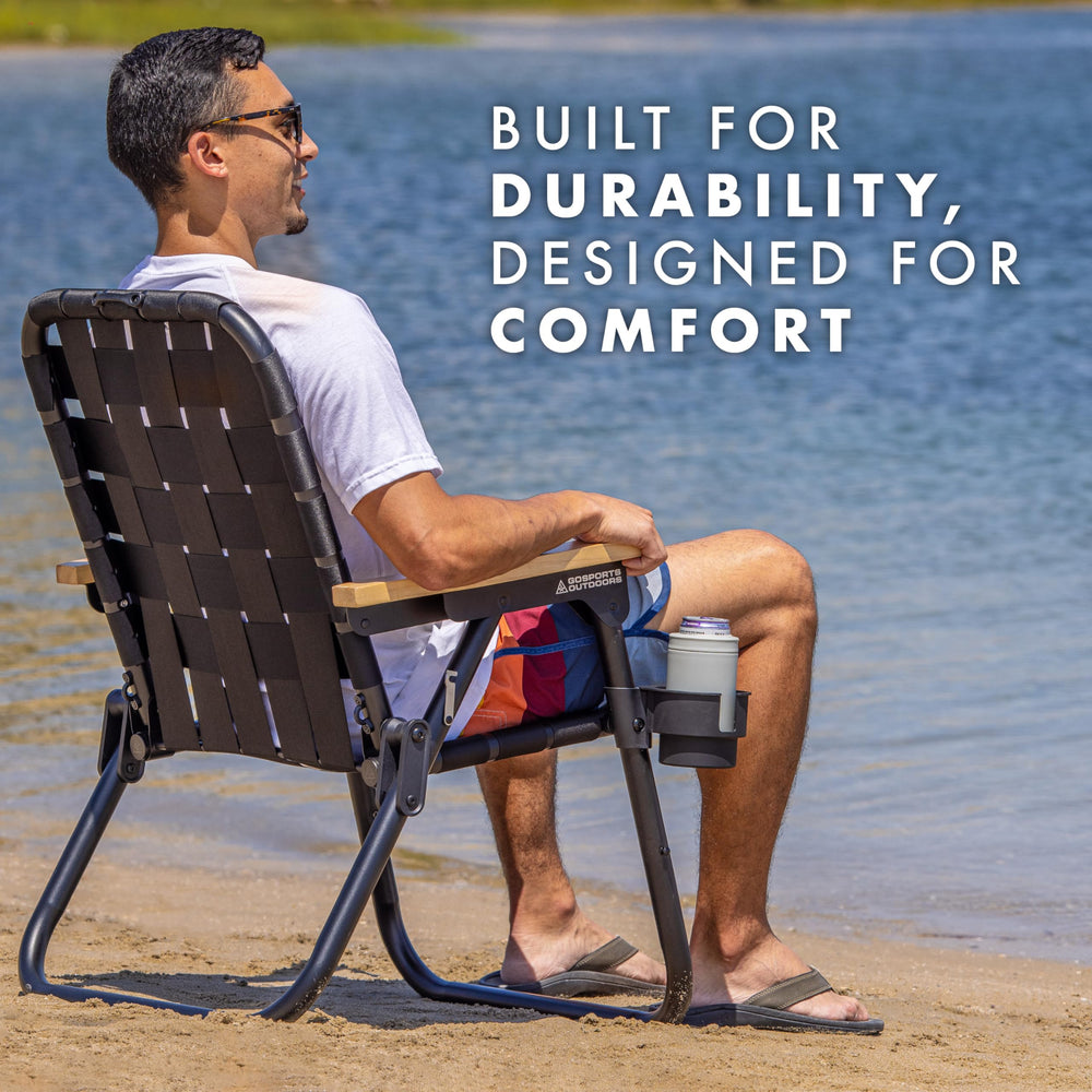 GoSports Outdoors WOVN Beach Chair attachable cup holder for beverages