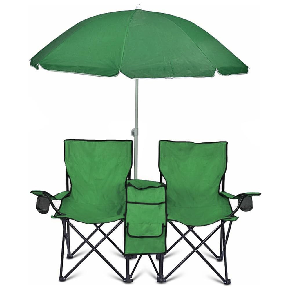 GoTEAM two-seat folding chair with cooler and umbrella for convenient outdoor seating.