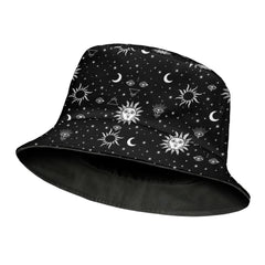 Unisex goth bucket hat showing sun, moon and star patterns - side angle