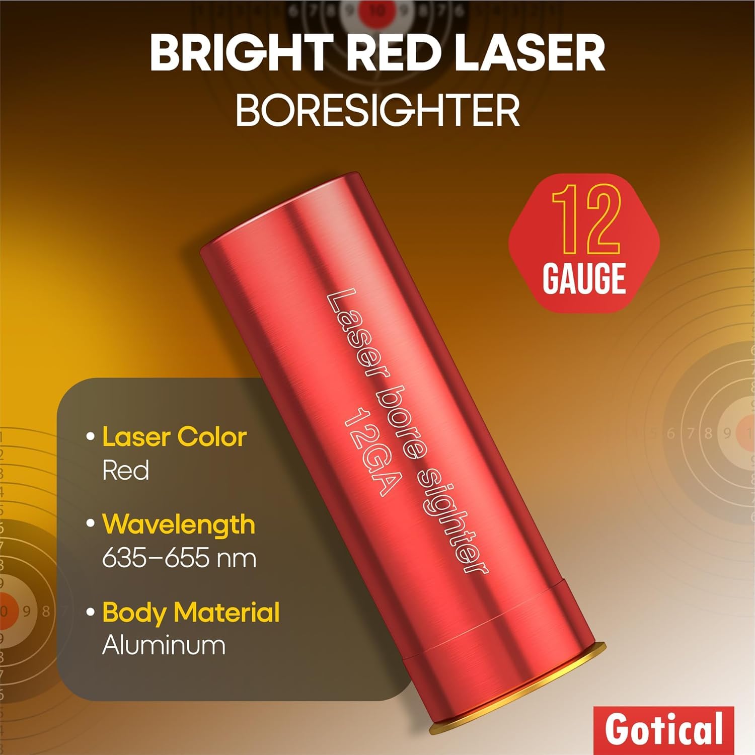 Gotical 12G laser bore sight range visualization for accurate distance sighting from 15 to 100 yards.