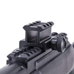 Gotical 3-slot riser maintains a durable, low-profile look on an aircraft aluminum rail.