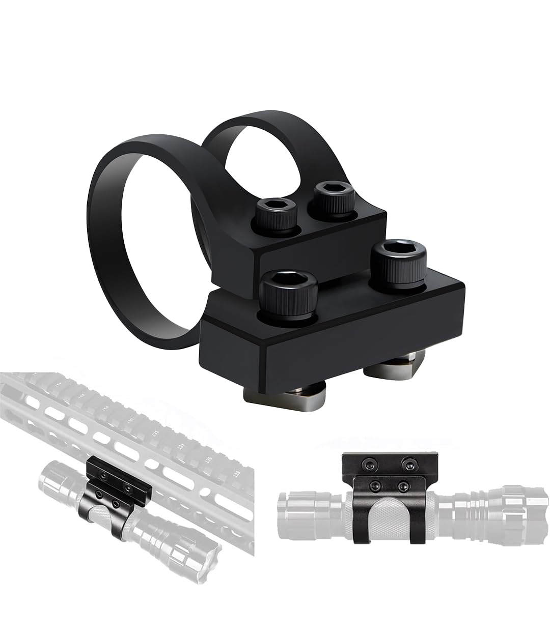 Gotical offset mount on a 25.4 mm rail for precise 1 inch flashlight alignment.