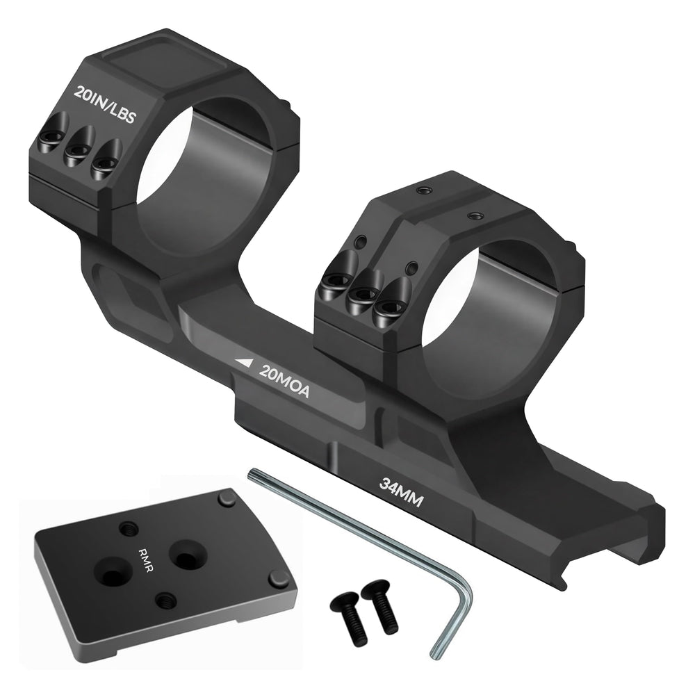 Gotical 34mm tube mount with 20MOA ring offers stable precision on a Picatinny rail.