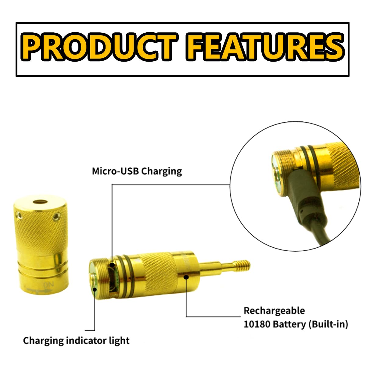 Gotical USB charging indicator glow suggests ready-to-use status after full charge.
