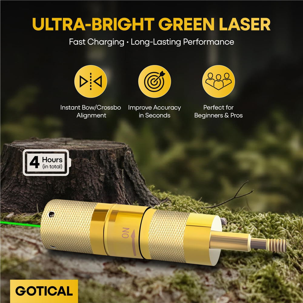 Gotical USB rechargeable archery laser sight with bright green beam.