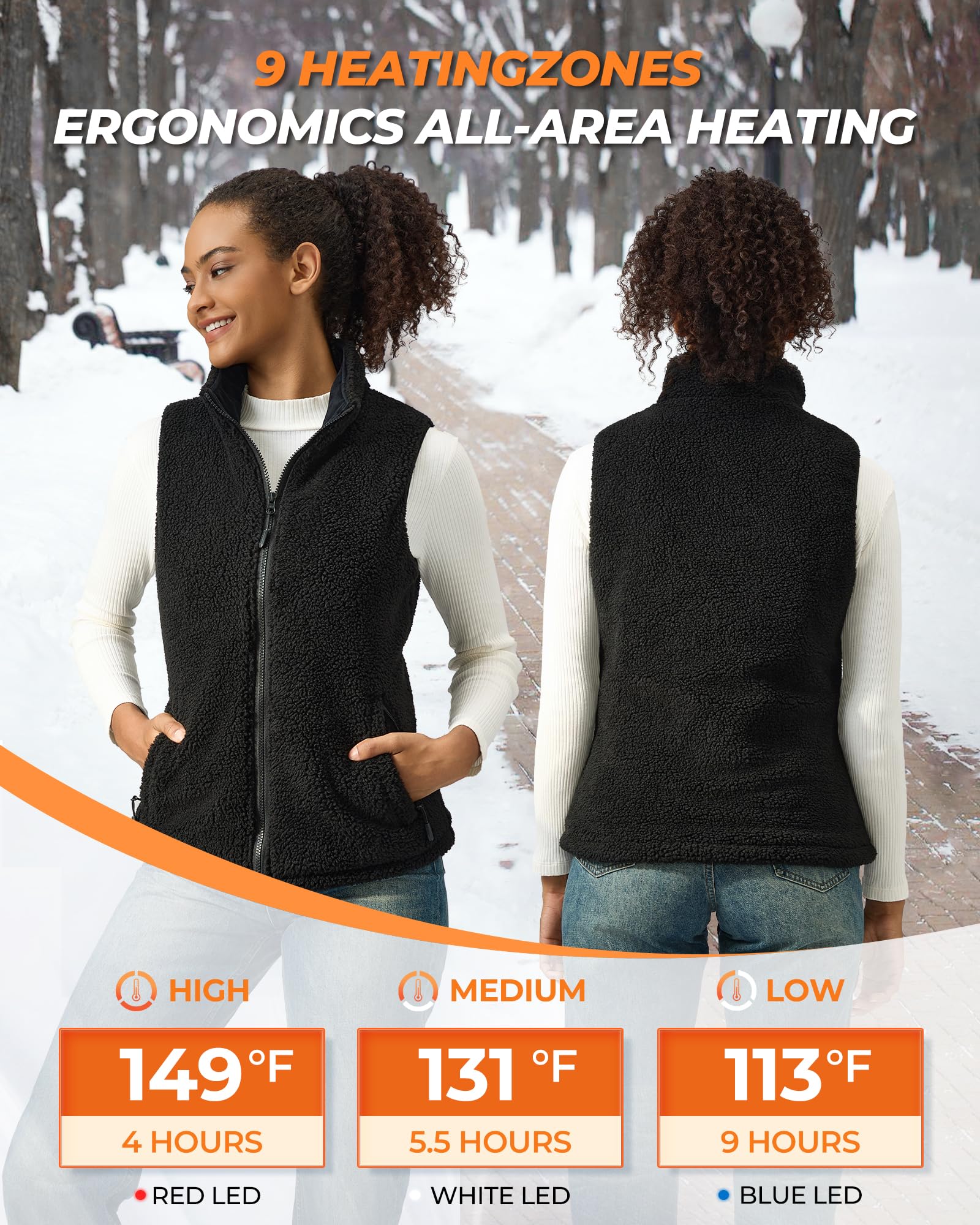 Gotobi fuzzy fleece heated vest back view shows even warmth across the spine