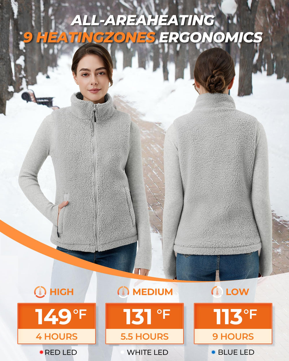 GOTOBI Fuzzy Fleece Heated Vest back view highlights 9-zone heat coverage