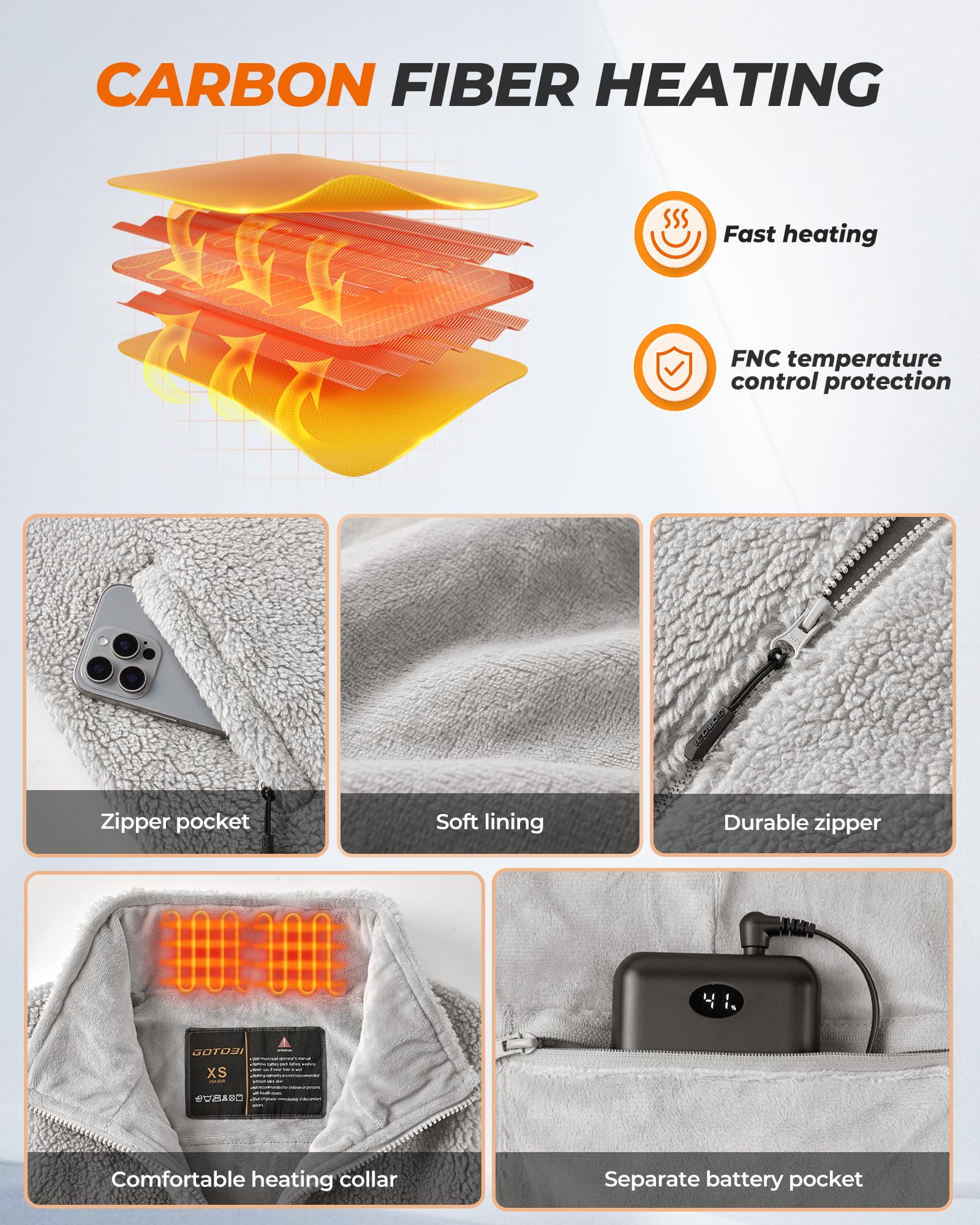 GOTOBI Vest collar heat area demonstrates adjustable warmth near neckline